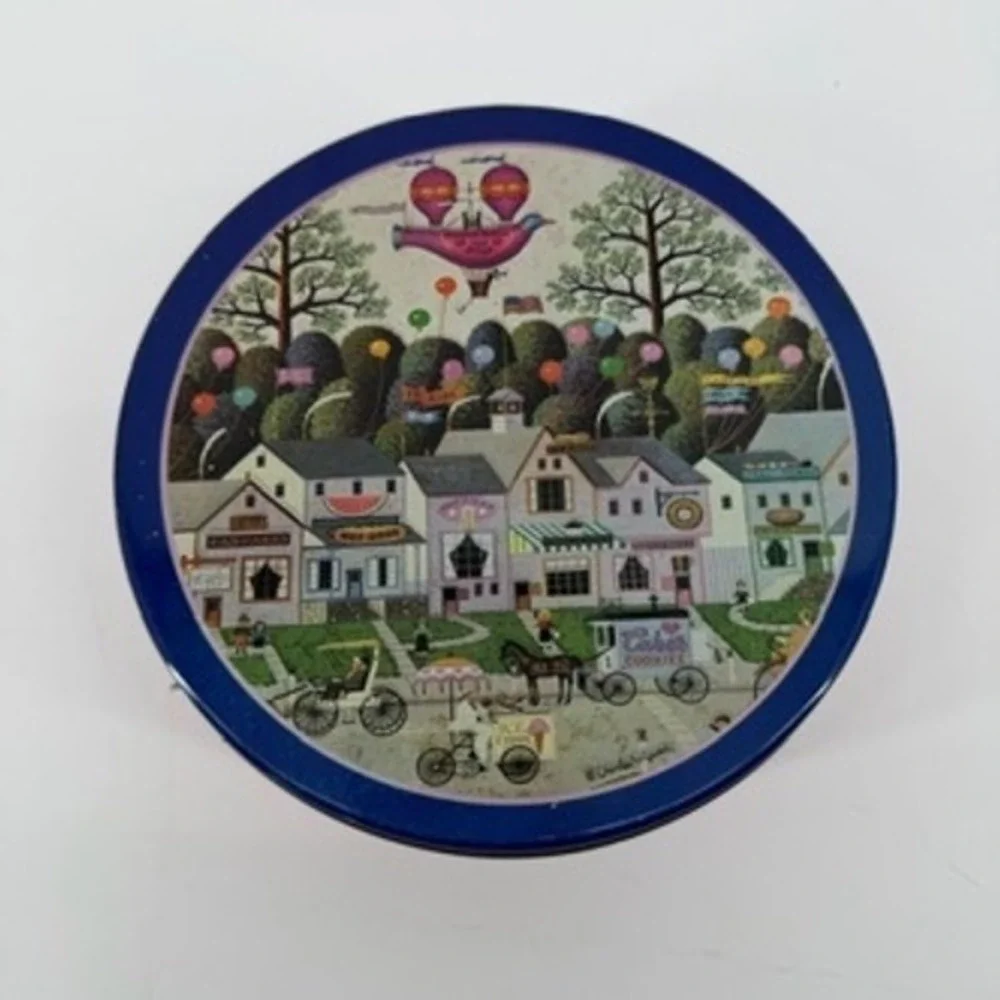 Vintage 1991 Charles Wysocki Confection Street Round Tin Pink Blue Folk Art 7in